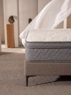 A quilted mattress on a upholstered bed frame in a softly lit bedroom setting with a white canopy and neutral decor.