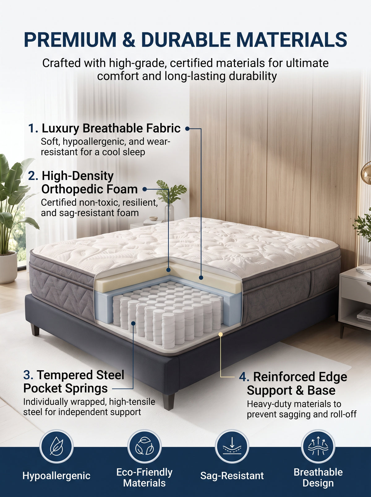 A bed with a cutaway view of a mattress showing its layered construction, set in a modern bedroom. The image includes text callouts highlighting luxury breathable fabric, high-density orthopedic foam, tempered steel pocket springs, and reinforced edge support.