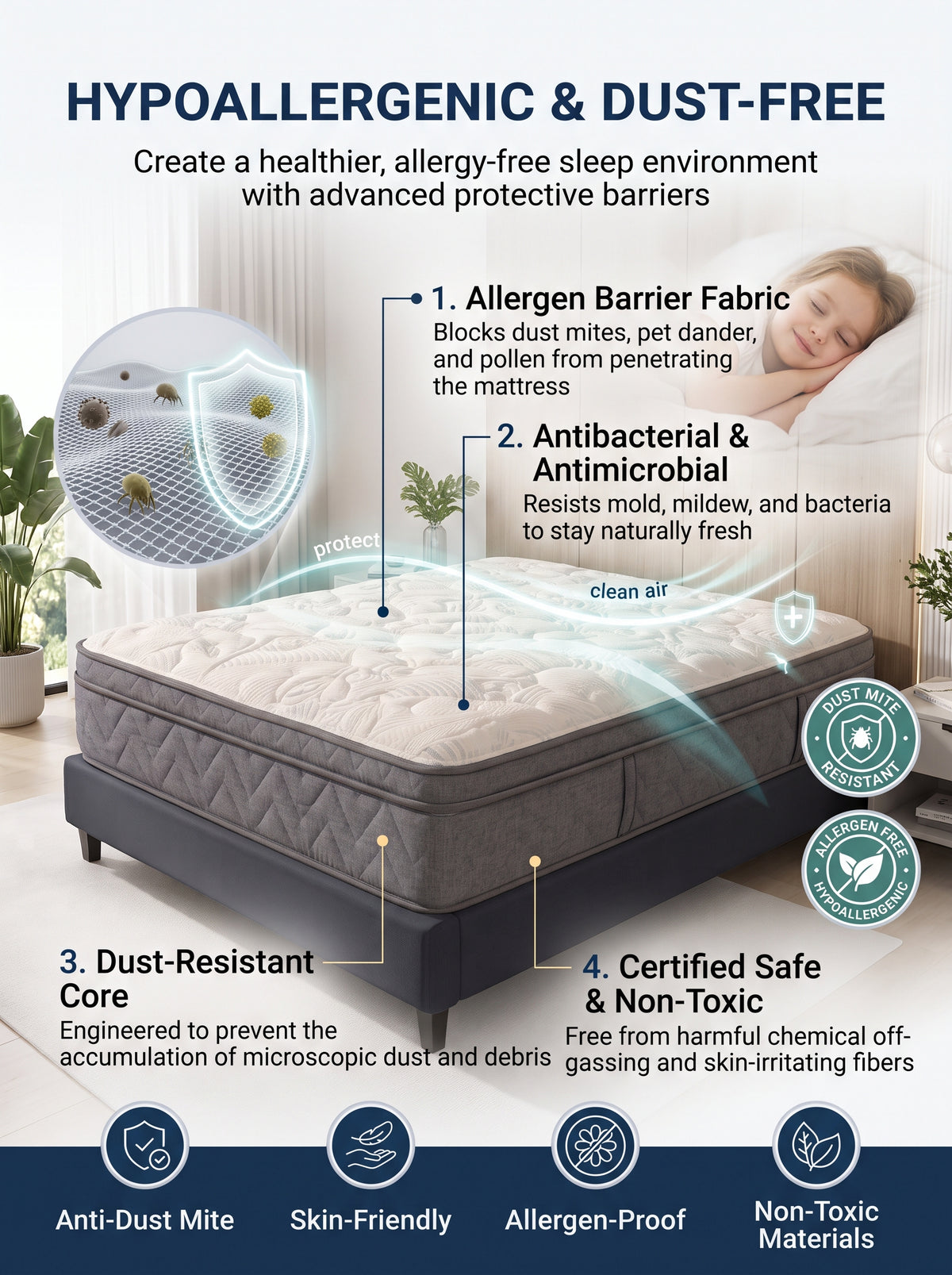 An infographic-style product image for a mattress with marketing text, icons, and callouts about hypoallergenic and dust-free benefits. The main subject is a gray upholstered mattress shown in a bedroom scene, with a sleeping woman partially visible at the upper right, plants, and circular certification-style badges along the right side.